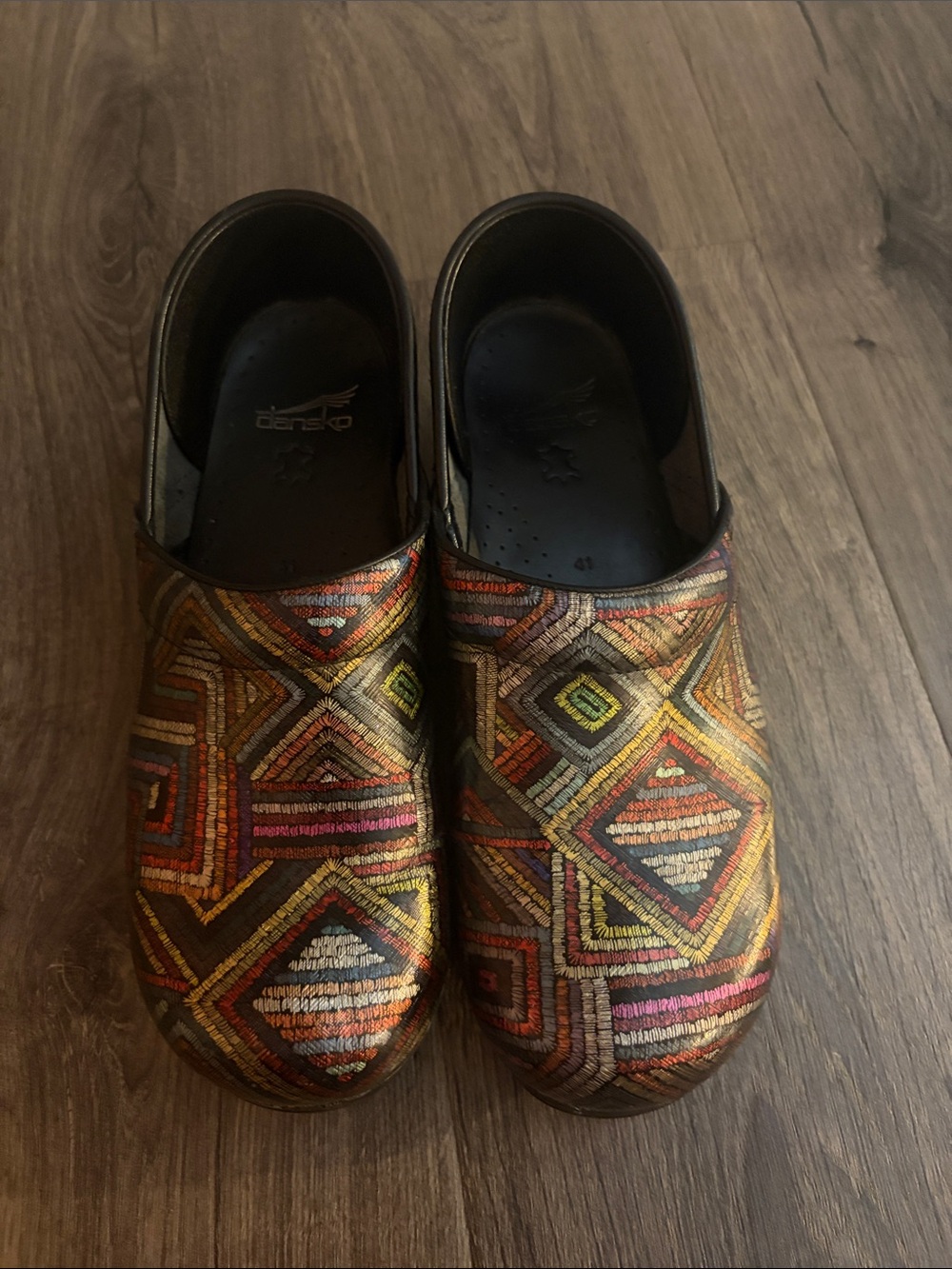 Dansko Multicolor Geometric Embroidered Clogs